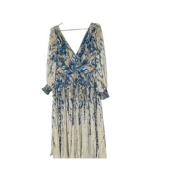 RENE RUIZ COLLECTION Blue Gold Swirled Floral Flowing Tiered Boho Maxi Dress 12 - Picture 6 of 16